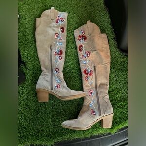 Knee high brown floral boots